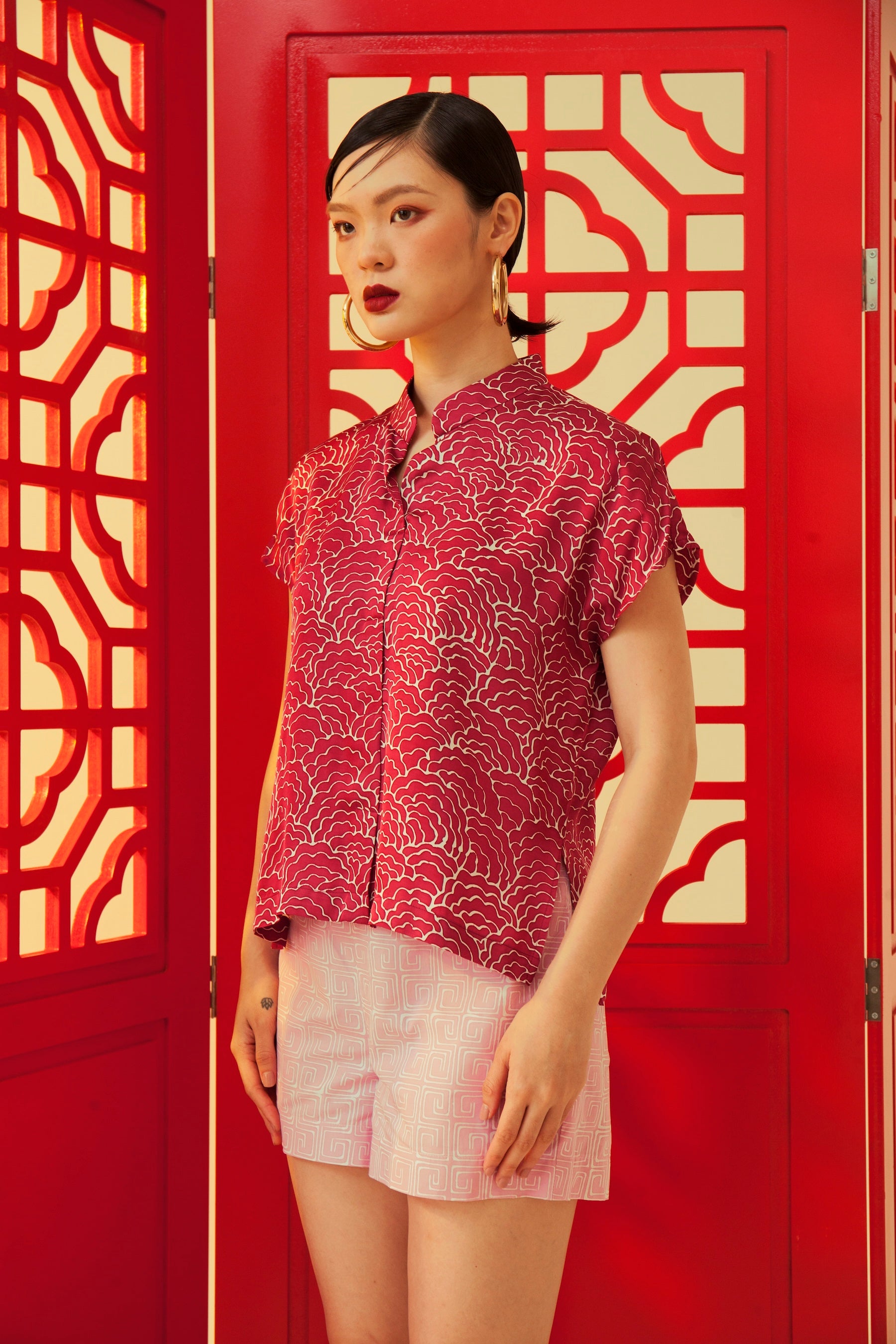 Oriental Mandarin Collared Boxy Shirt Blouse