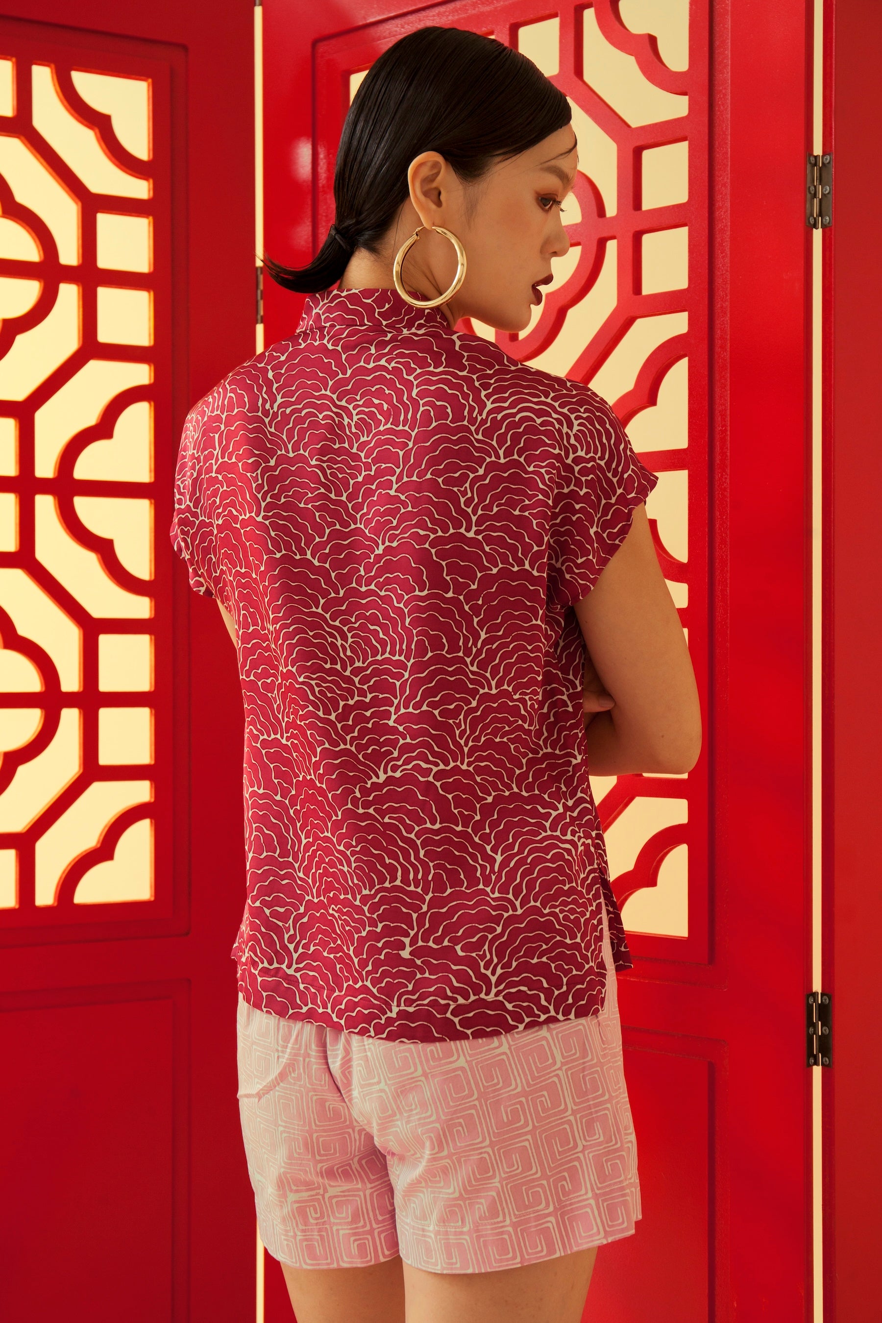 Oriental Mandarin Collared Boxy Shirt Blouse